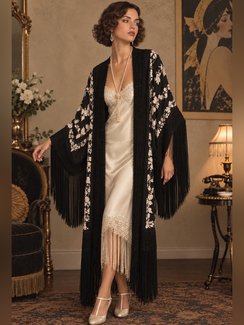 Vintage 80’s 90’s Gallery of Wearable Art NYC Embroidered Floral Piano Kimono